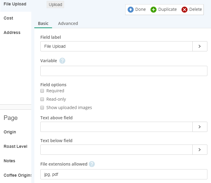 Sample file upload field being edited in form designer